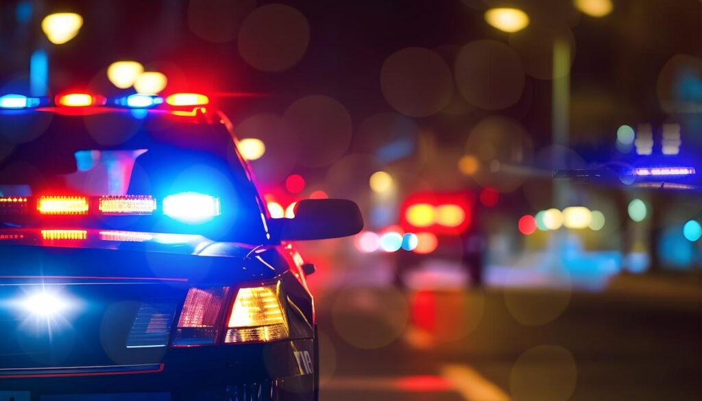 Police cars at night.